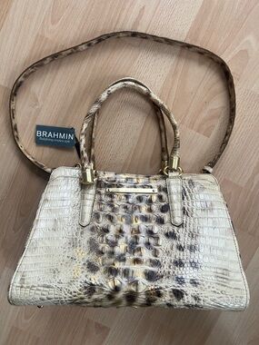 Brahmin Cream and Brown Croc-Embossed Top-Handle Satchel